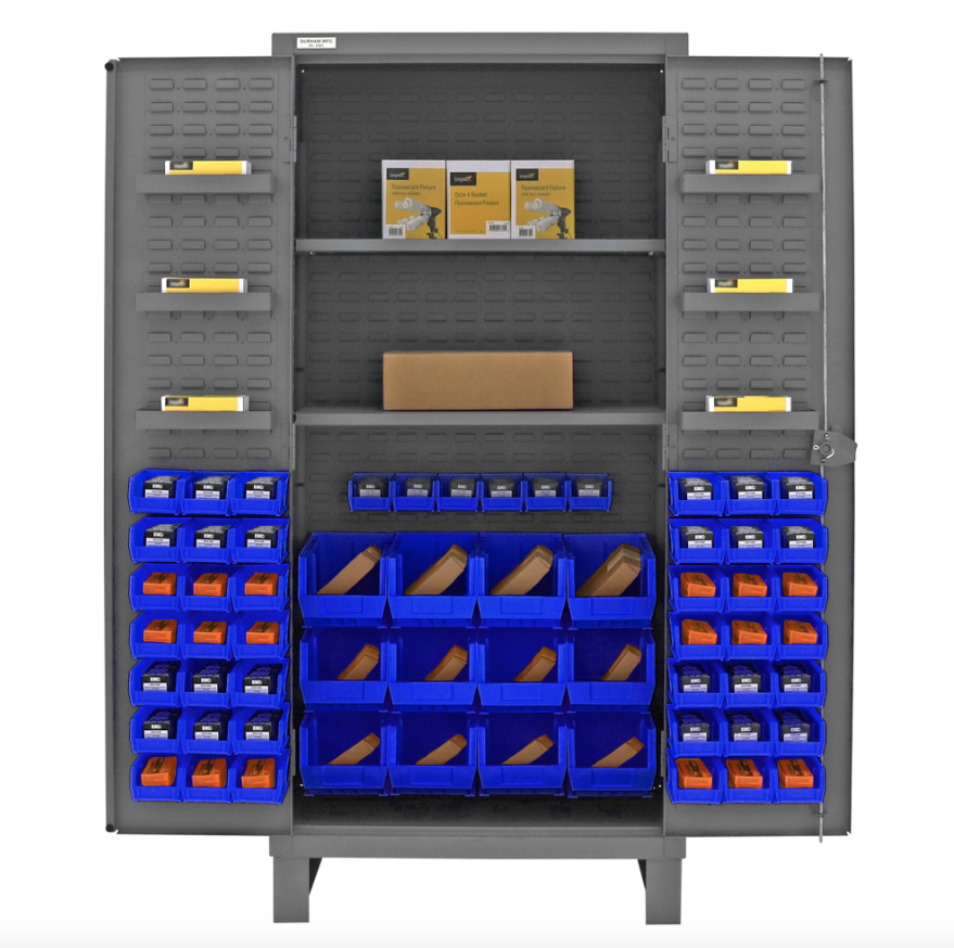 Durham HDC36-60-2S6D5295 Cabinet, 12 Gauge, 2 Shelves, 6 Door Shelves, 60 Blue Bins, 36 X 24 X 78