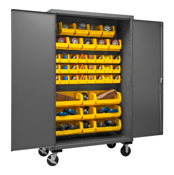 Durham 2502M-BLP-42-95 Mobile Cabinet, 16 Gauge, 42 Yellow Bins, 48 X 24 X 81