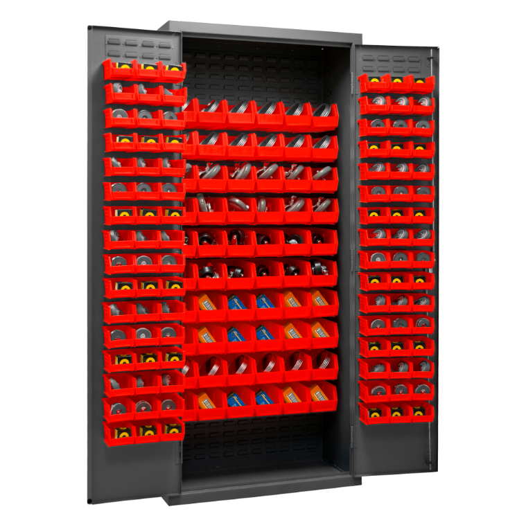 Durham 2603-156B-1795 Cabinet, 16 Gauge, 156 Red Bins, 36 X 18 X 84